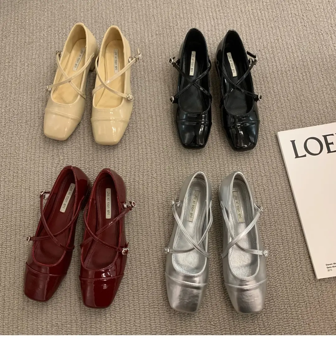 Thick heel cross silver Mary Jane square toe single shoes women's shoes 2024 new spring evening gentle flat ladle shoes — feature 1