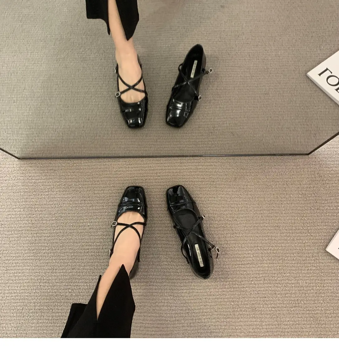Thick heel cross silver Mary Jane square toe single shoes women's shoes 2024 new spring evening gentle flat ladle shoes — feature 14