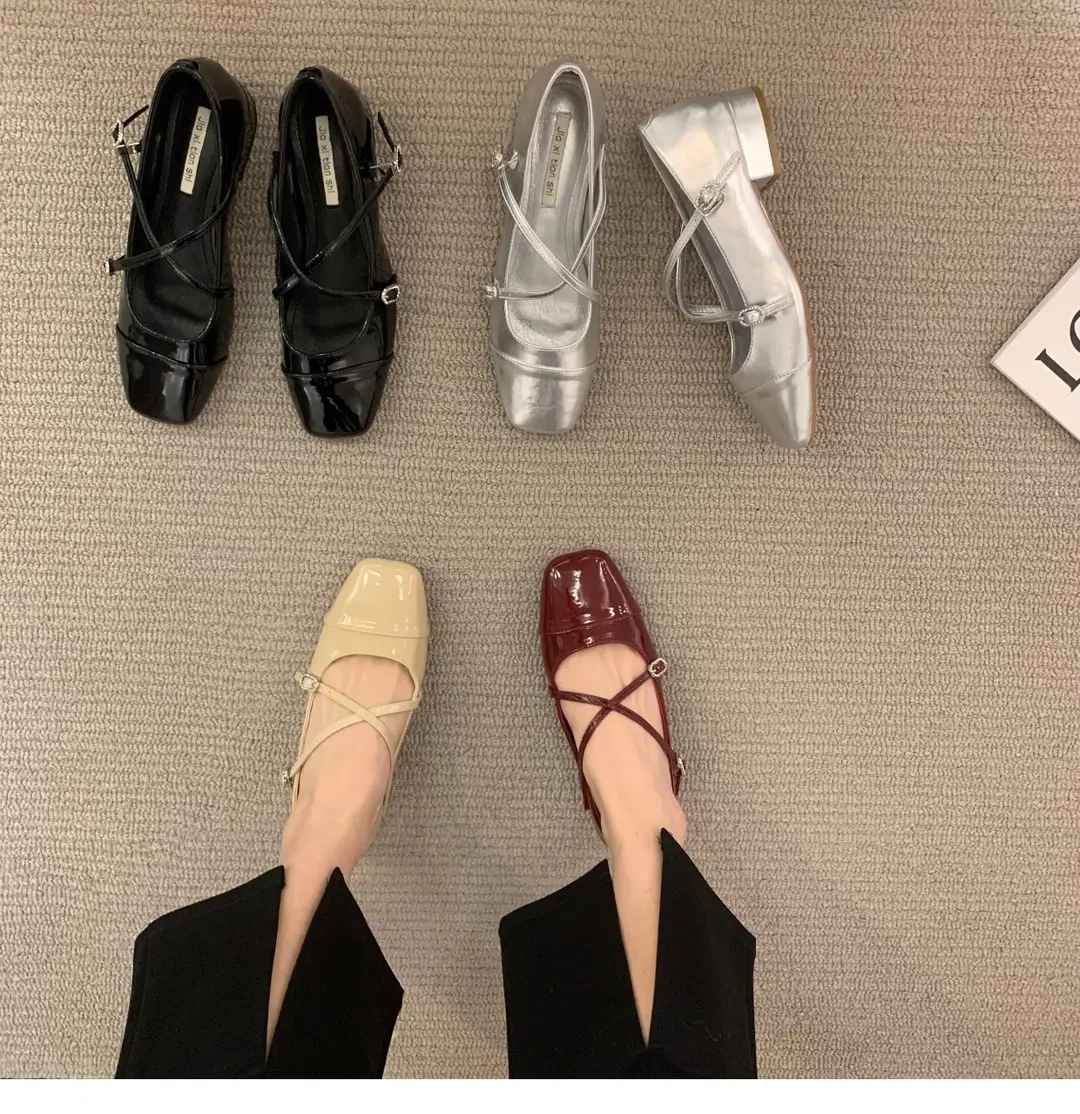 Thick heel cross silver Mary Jane square toe single shoes women's shoes 2024 new spring evening gentle flat ladle shoes — feature 2