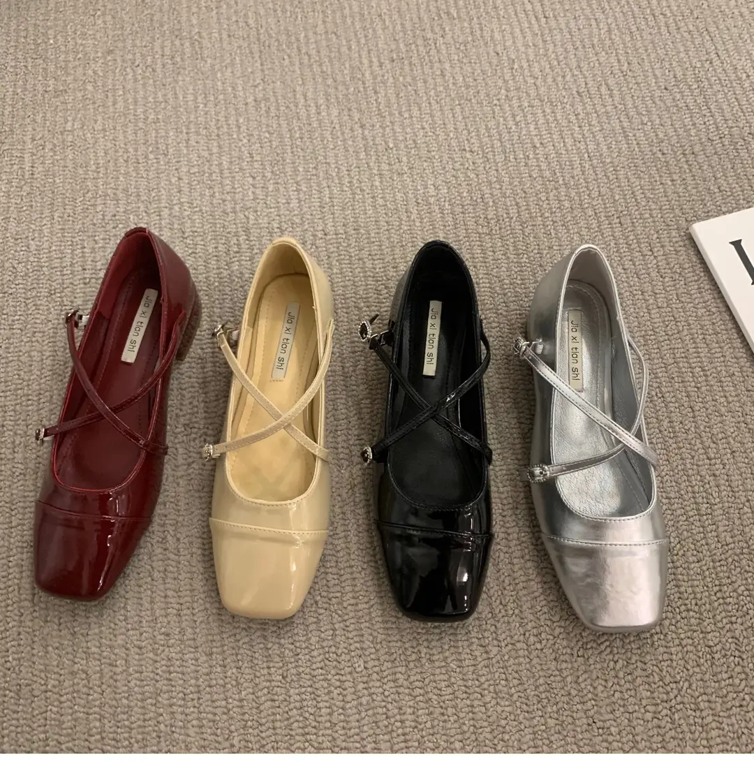 Thick heel cross silver Mary Jane square toe single shoes women's shoes 2024 new spring evening gentle flat ladle shoes — feature 3