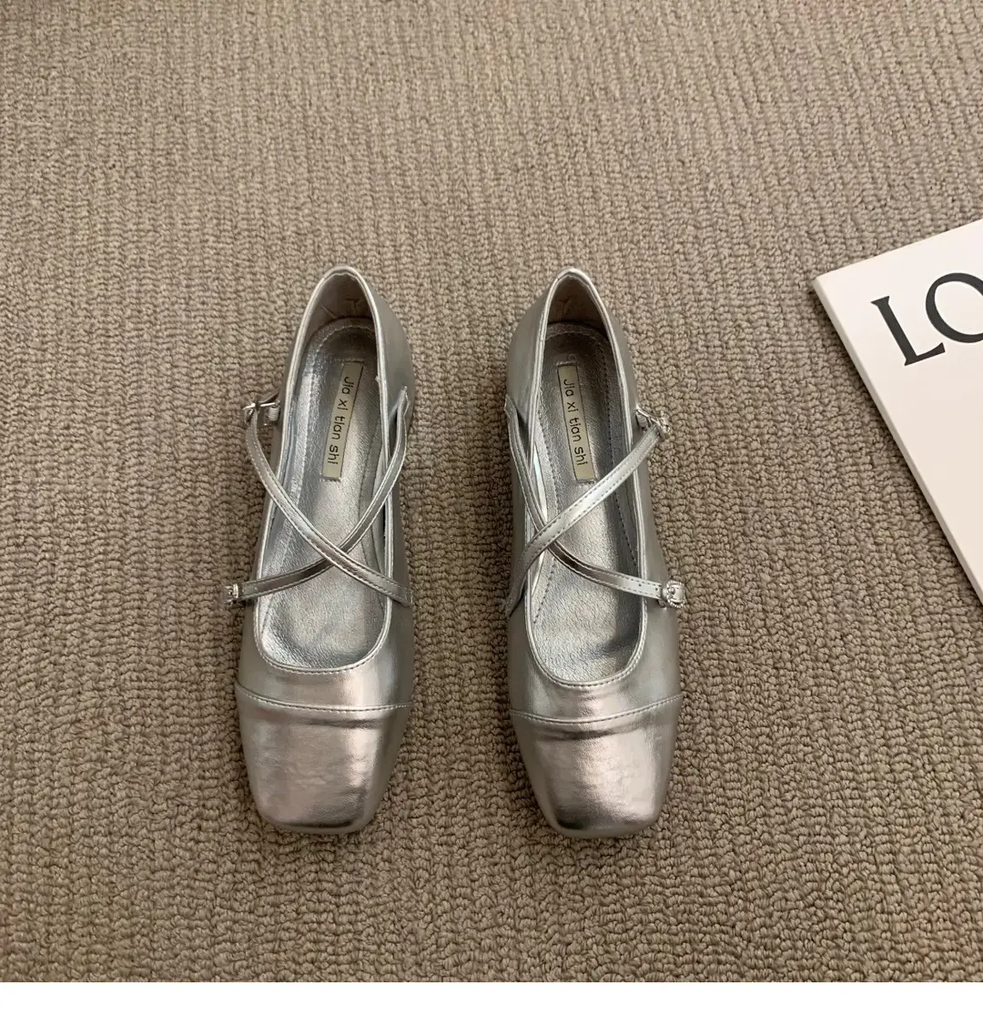 Thick heel cross silver Mary Jane square toe single shoes women's shoes 2024 new spring evening gentle flat ladle shoes — feature 7