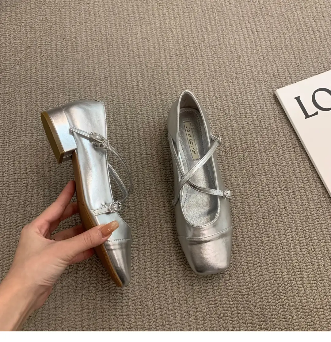 Thick heel cross silver Mary Jane square toe single shoes women's shoes 2024 new spring evening gentle flat ladle shoes — feature 8
