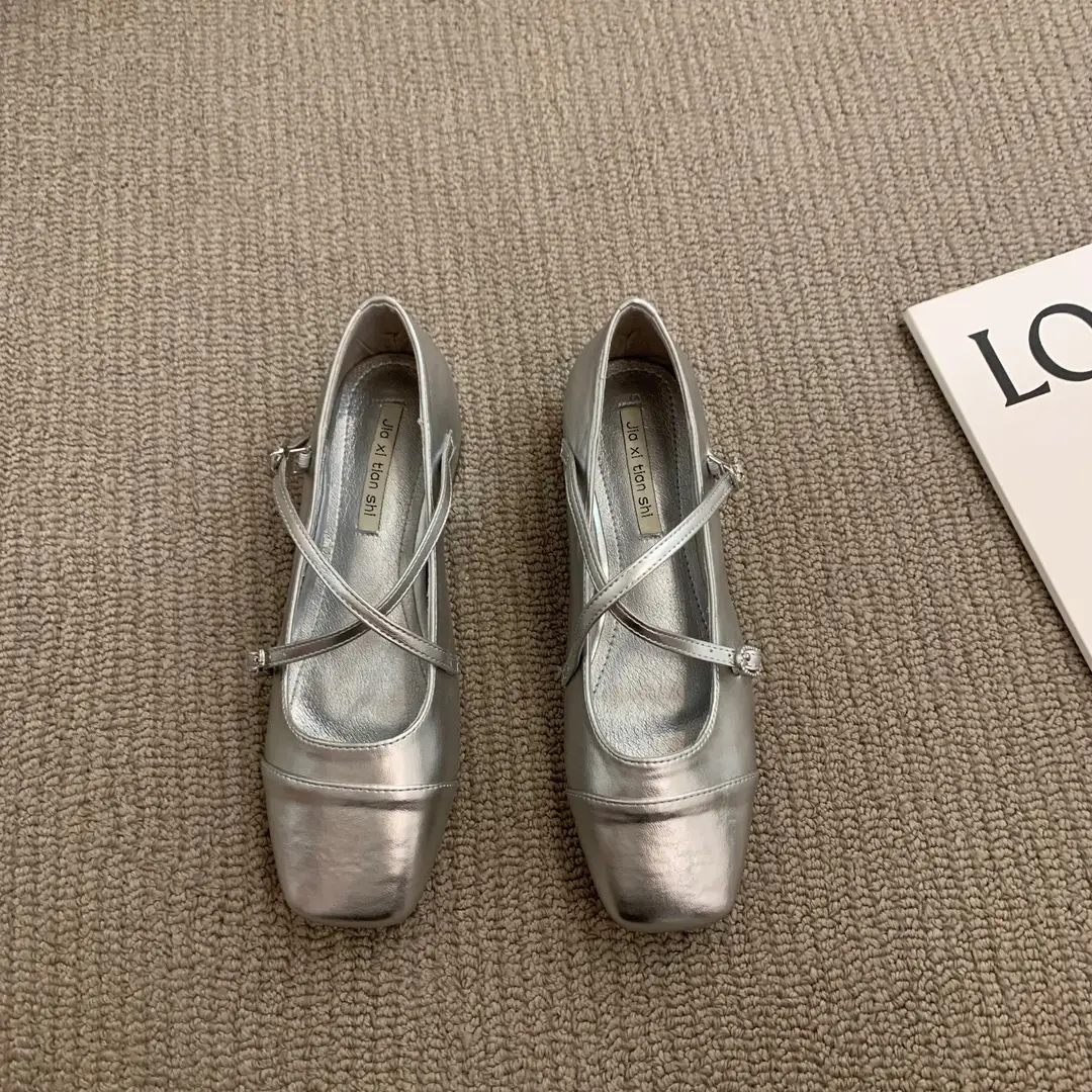 Thick heel cross silver Mary Jane square toe single shoes women's shoes 2024 new spring evening gentle flat ladle shoes - Image 3