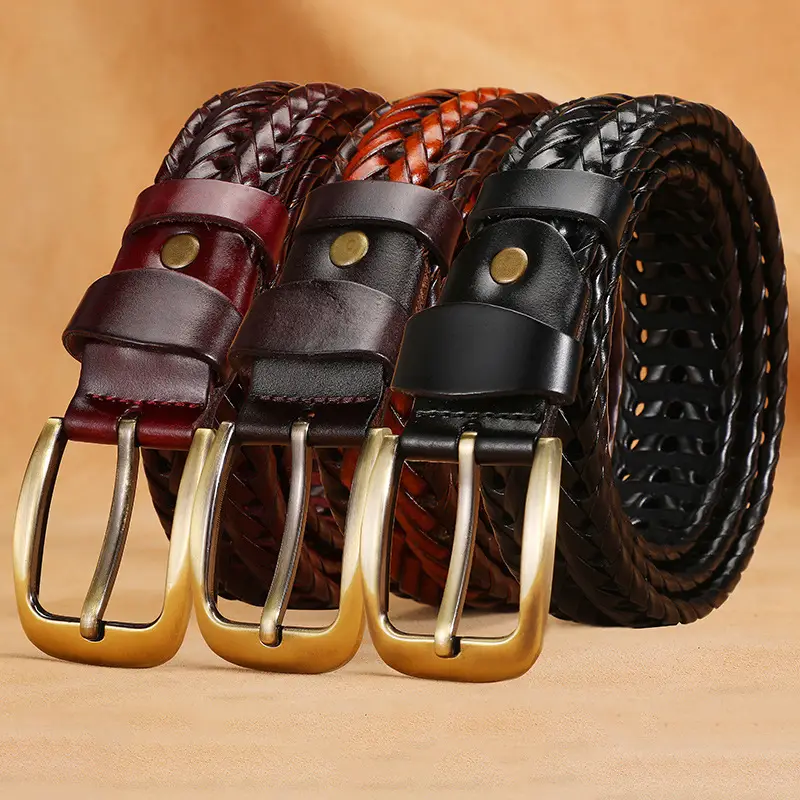 Women Woven Belt Gold Buckle Retro Casual Black - Image 35
