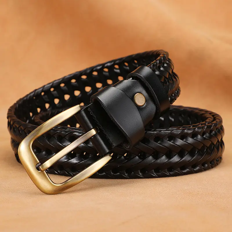 Women Woven Belt Gold Buckle Retro Casual Black - Image 36