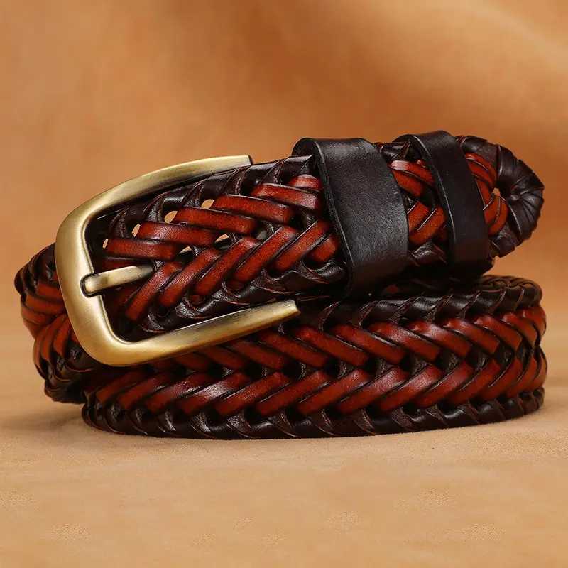 Women Woven Belt Gold Buckle Retro Casual Black - Image 37