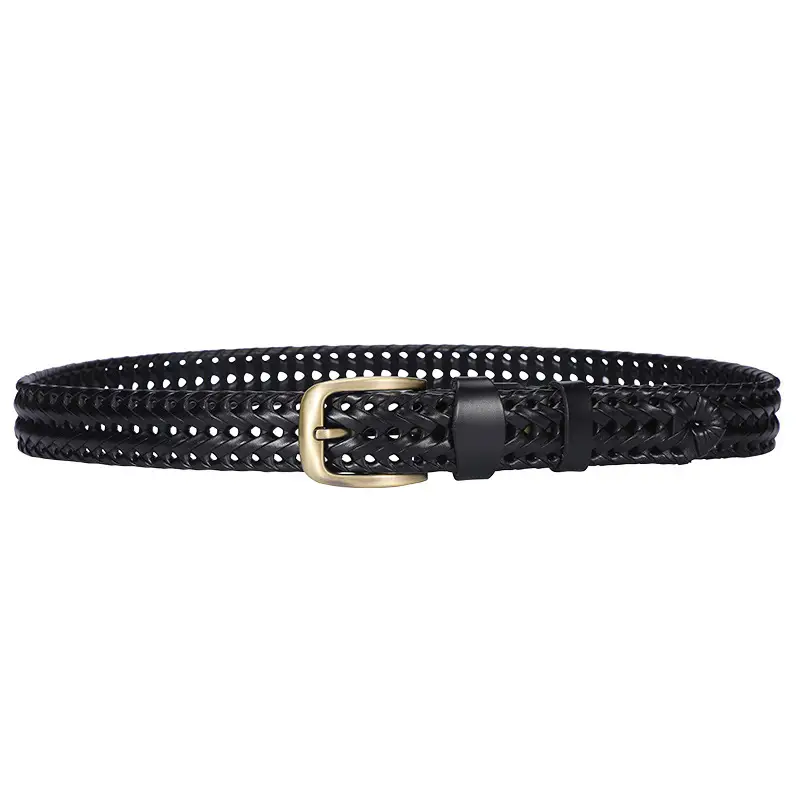 Women Woven Belt Gold Buckle Retro Casual Black - Image 38