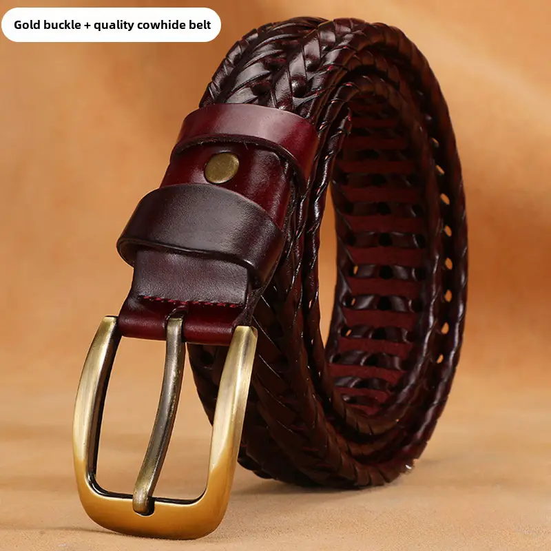 Women Woven Belt Gold Buckle Retro Casual Black - Image 11