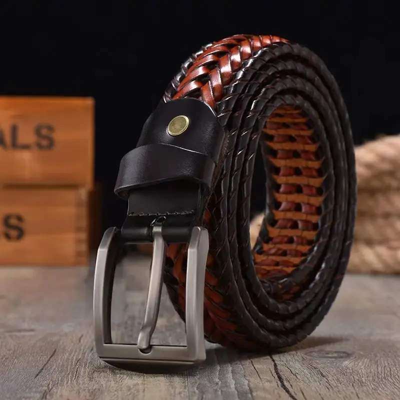 Women Woven Belt Gold Buckle Retro Casual Black - Image 19
