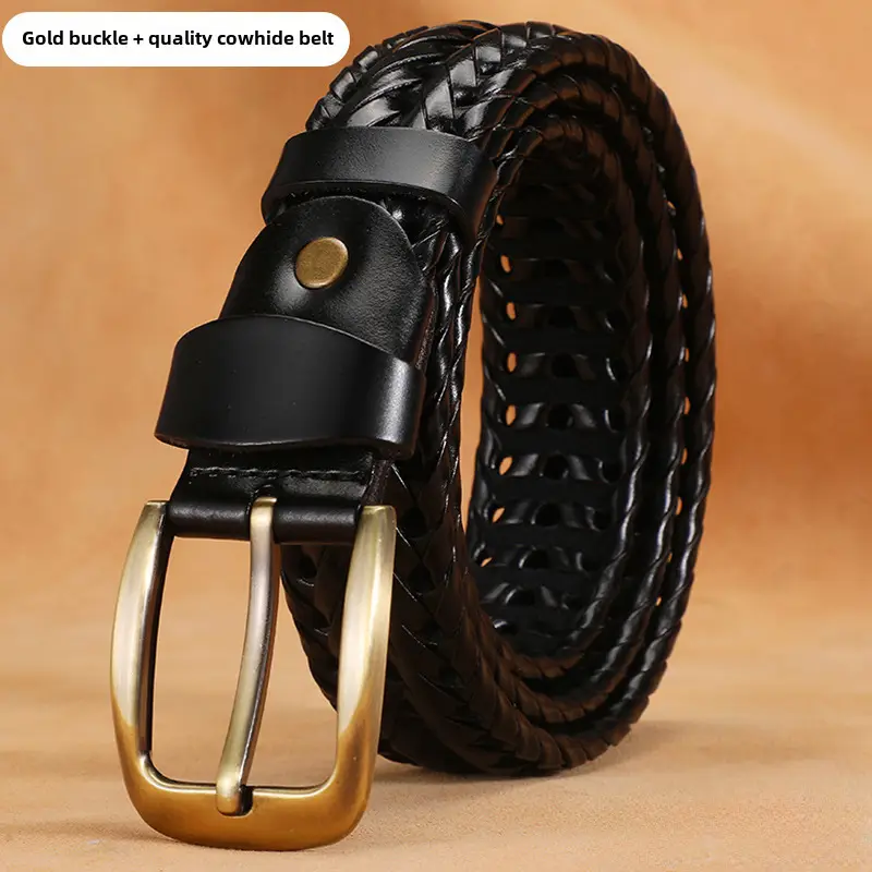 Women Woven Belt Gold Buckle Retro Casual Black - Image 3