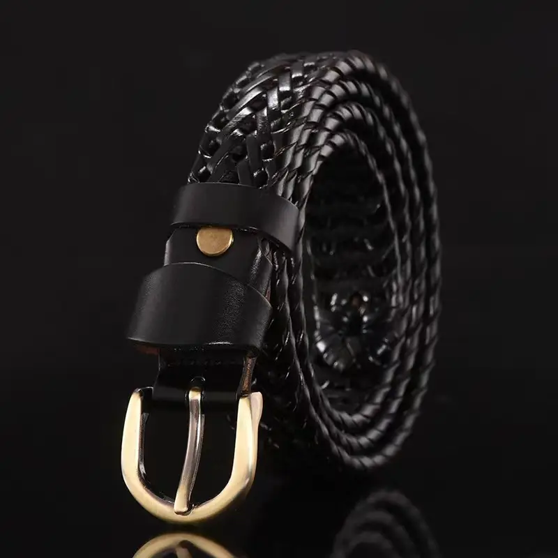 Women Woven Belt Gold Buckle Retro Casual Black - Image 29