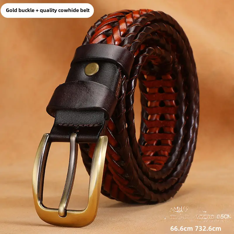 Women Woven Belt Gold Buckle Retro Casual Black - Image 4