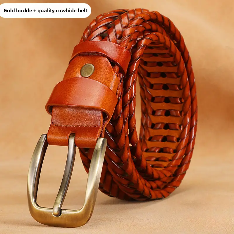 Women Woven Belt Gold Buckle Retro Casual Black - Image 9