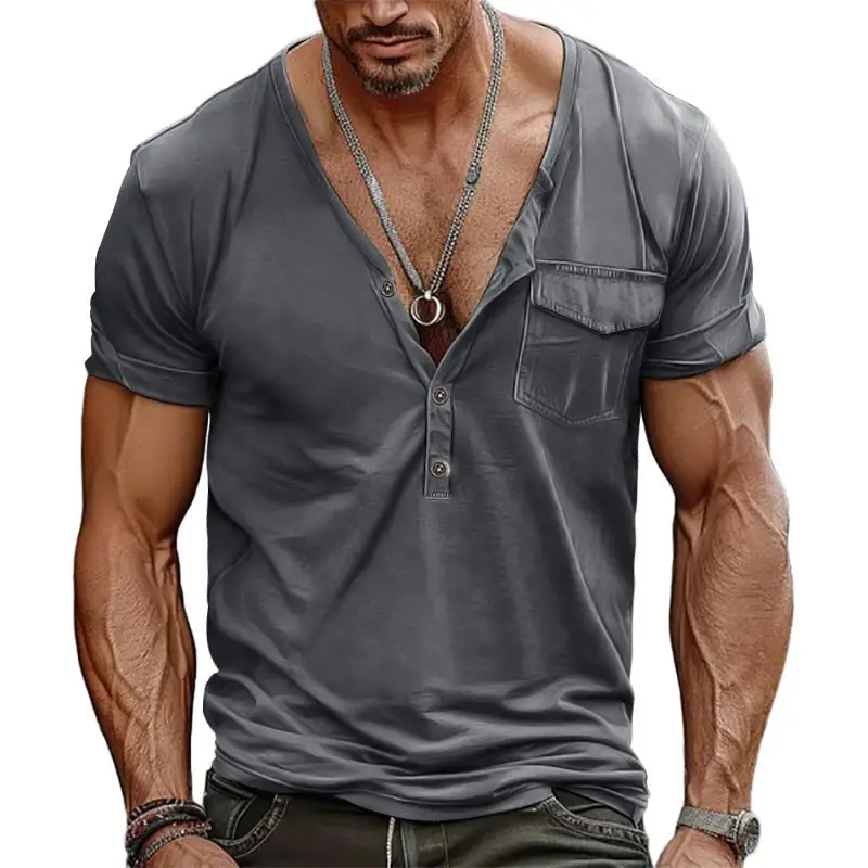 Men V Neck T-Shirt Olive Green Summer Loose Fit — feature 29