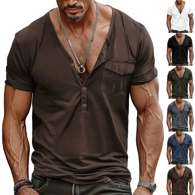 Men V Neck T-Shirt Olive Green Summer Loose Fit — feature 3