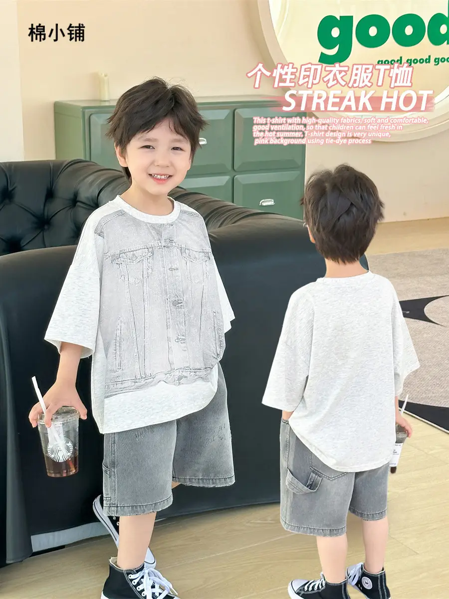 Boys Summer T-Shirt Gray Denim Print Loose Western Style - Image 2