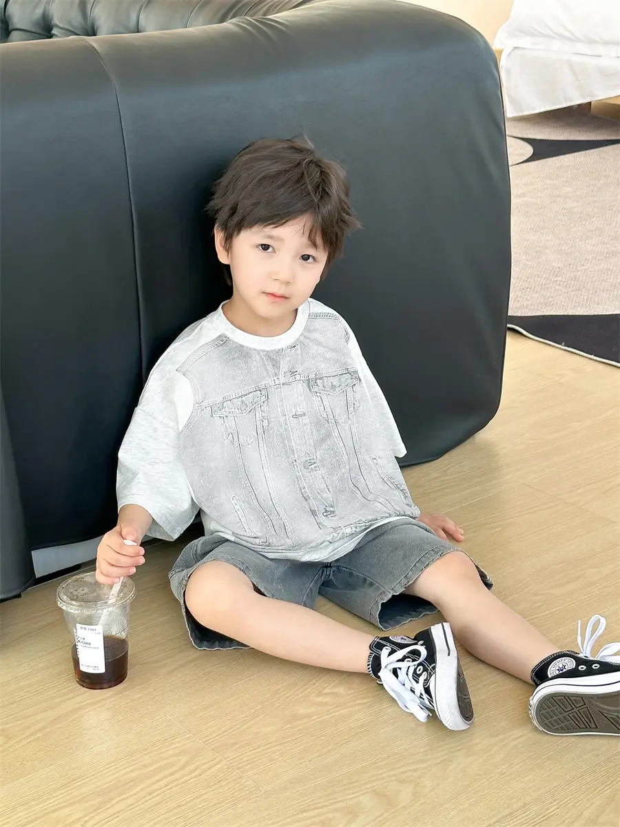Boys Summer T-Shirt Gray Denim Print Loose Western Style - Image 3