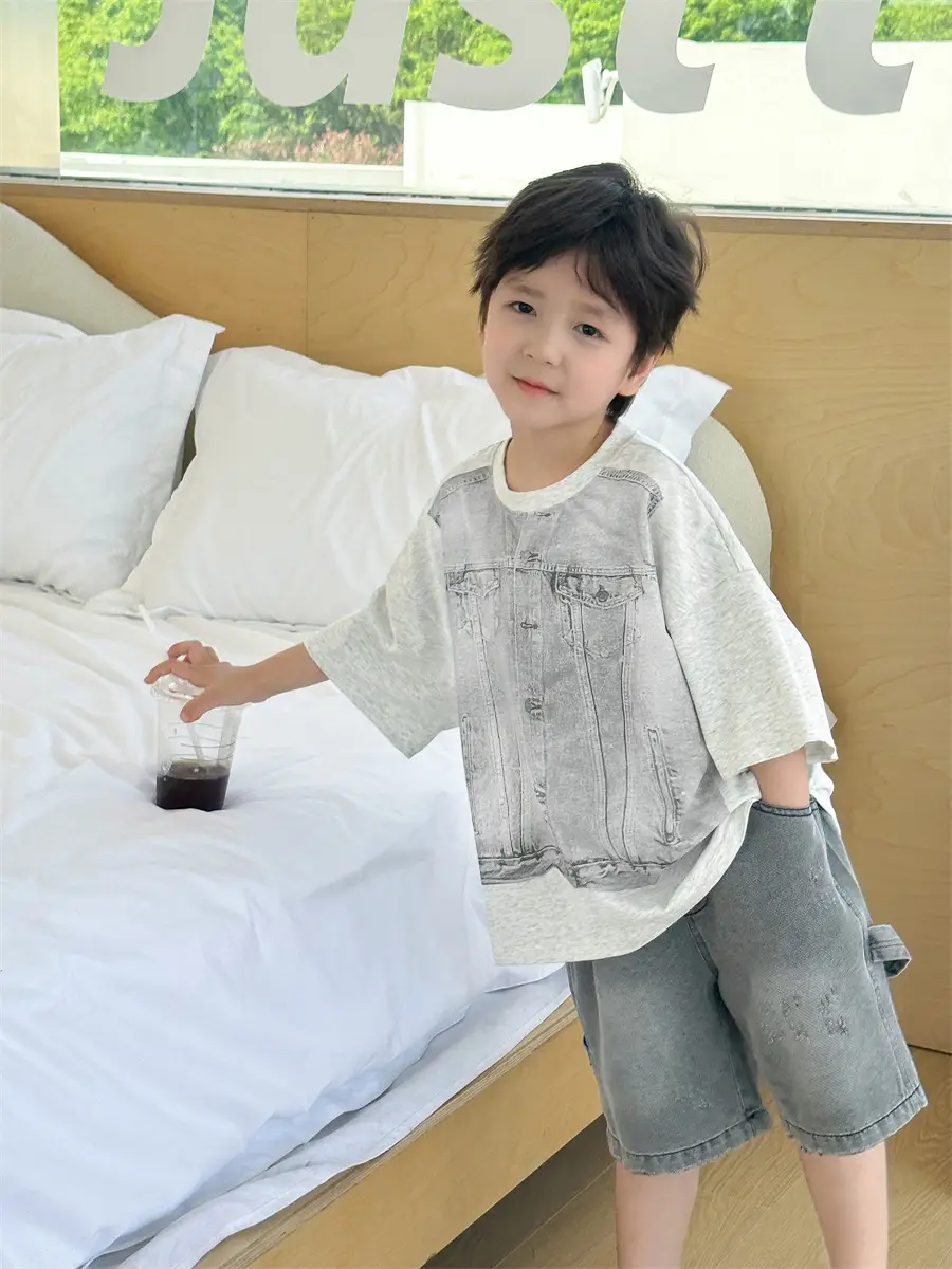 Boys Summer T-Shirt Gray Denim Print Loose Western Style - Image 4