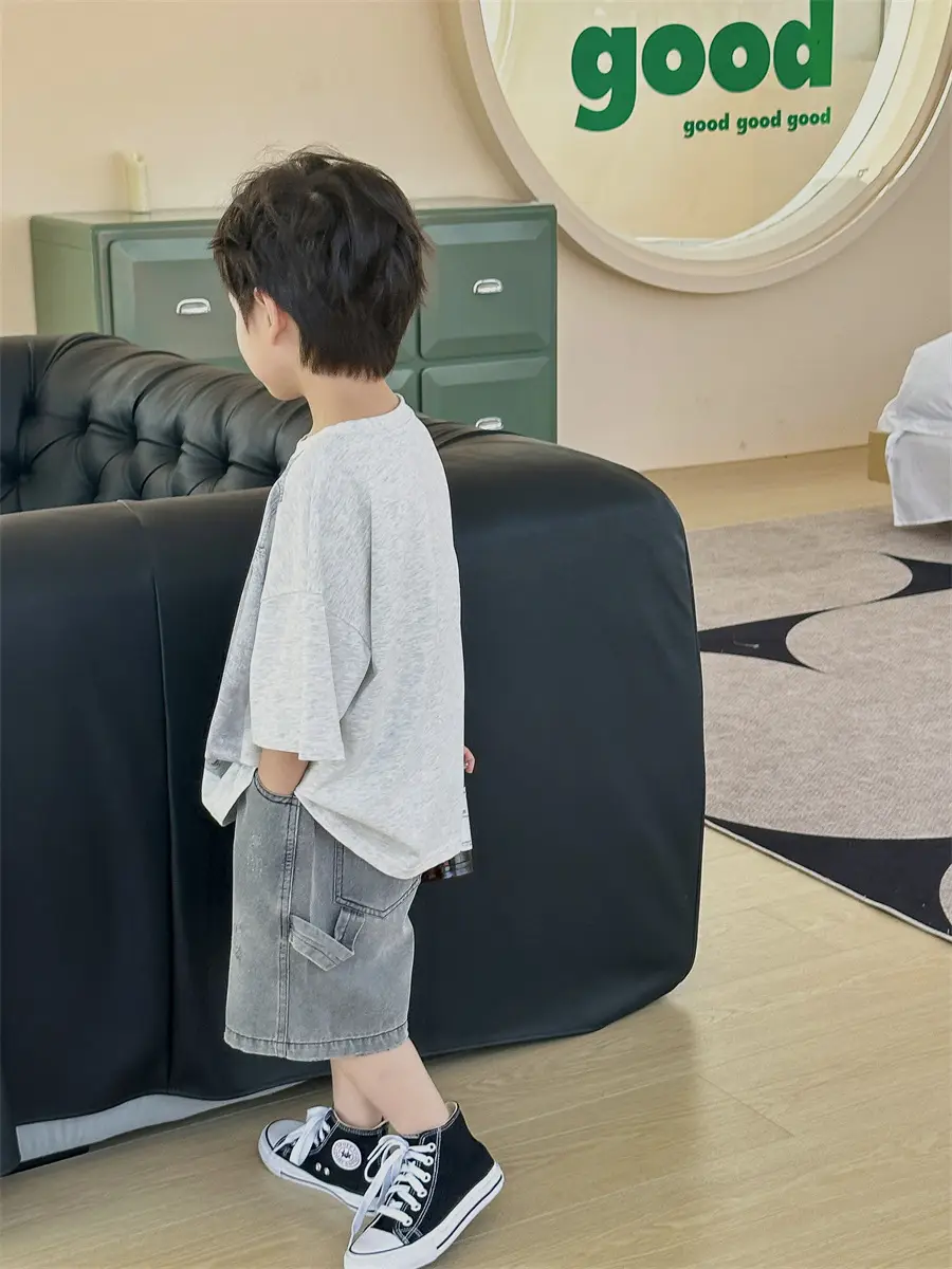 Boys Summer T-Shirt Gray Denim Print Loose Western Style - Image 5