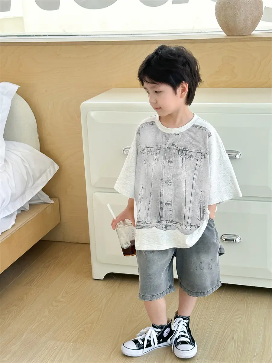 Boys Summer T-Shirt Gray Denim Print Loose Western Style - Image 6