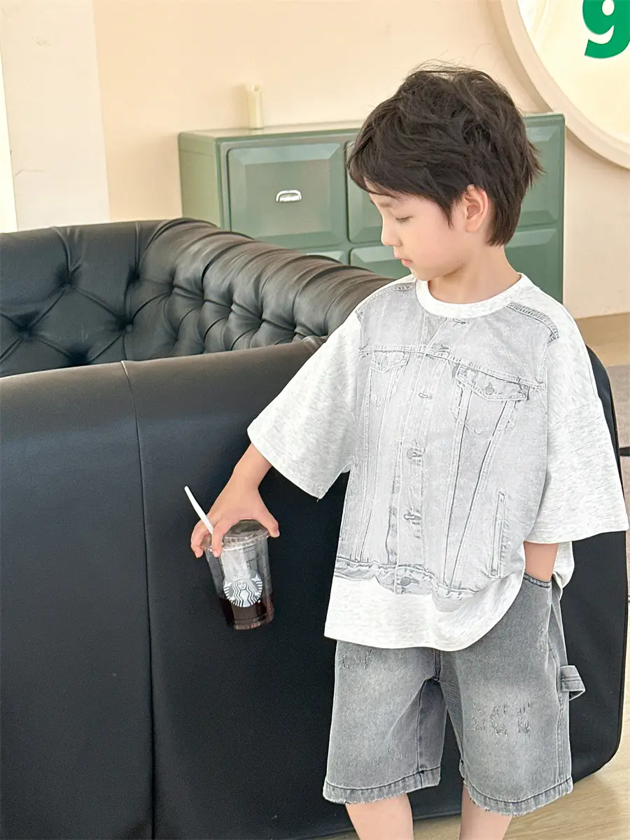 Boys Summer T-Shirt Gray Denim Print Loose Western Style — feature 11