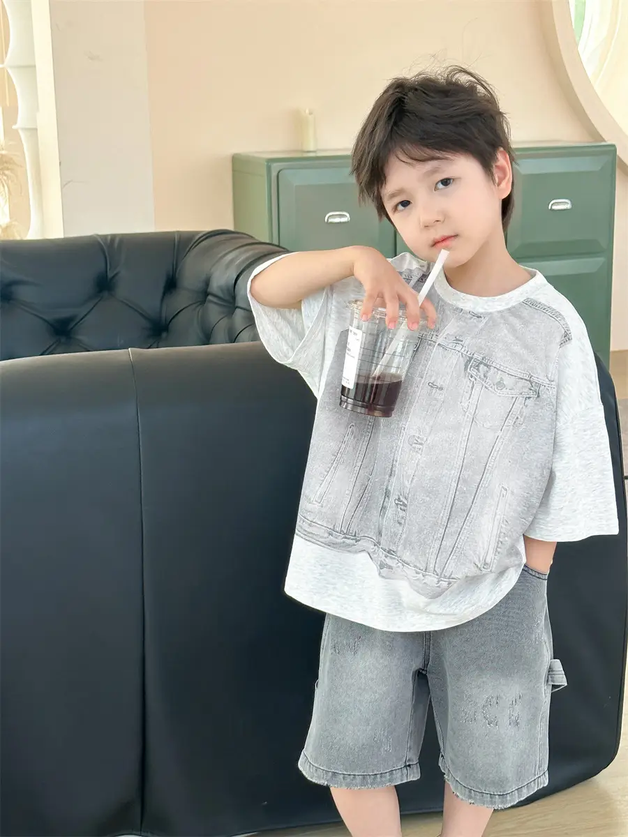 Boys Summer T-Shirt Gray Denim Print Loose Western Style — feature 12