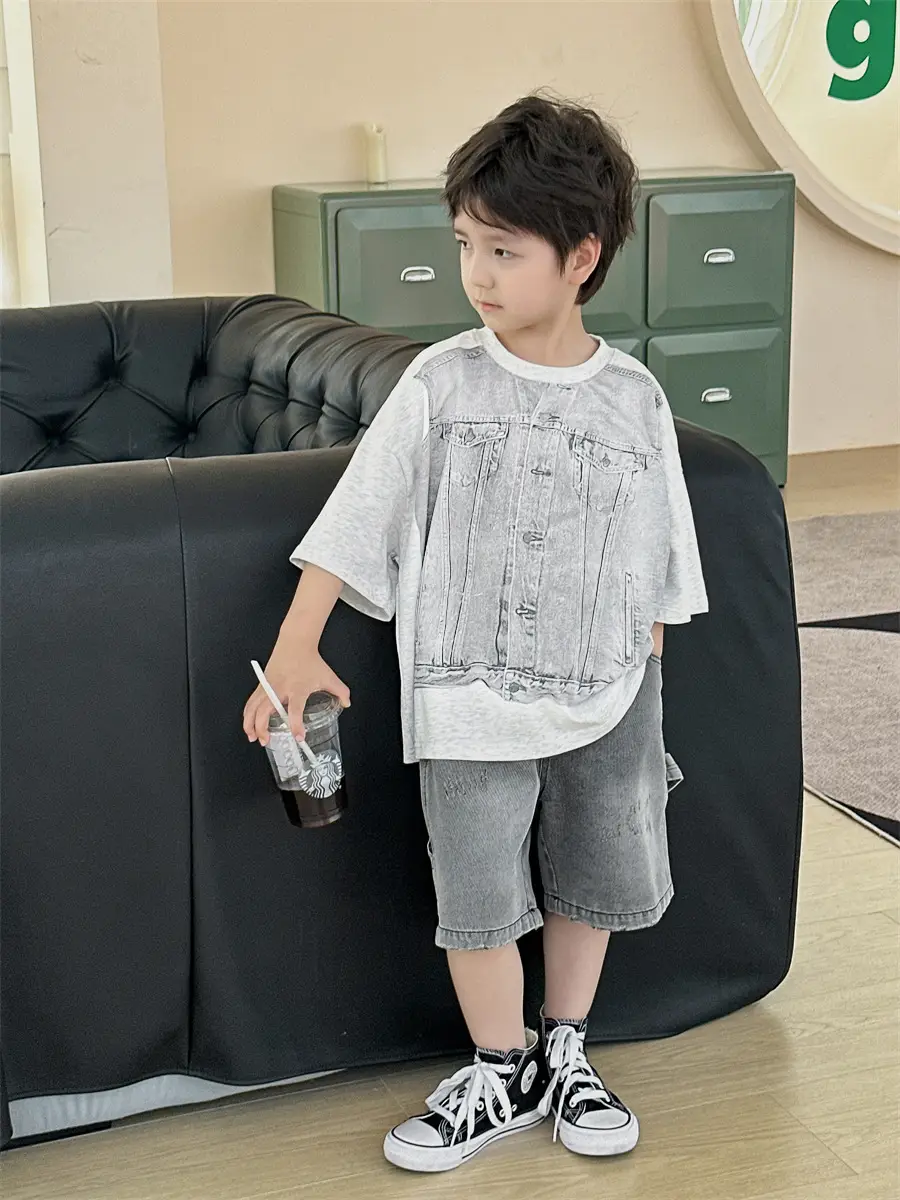 Boys Summer T-Shirt Gray Denim Print Loose Western Style — feature 13