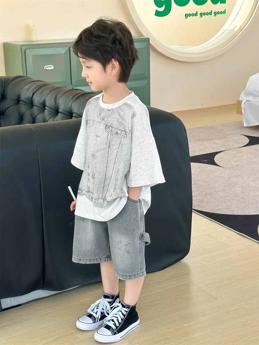 Boys Summer T-Shirt Gray Denim Print Loose Western Style — feature 14