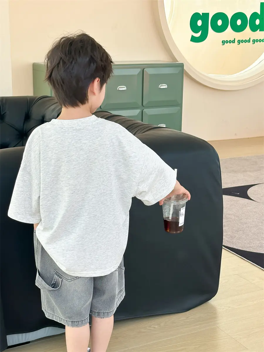Boys Summer T-Shirt Gray Denim Print Loose Western Style — feature 16