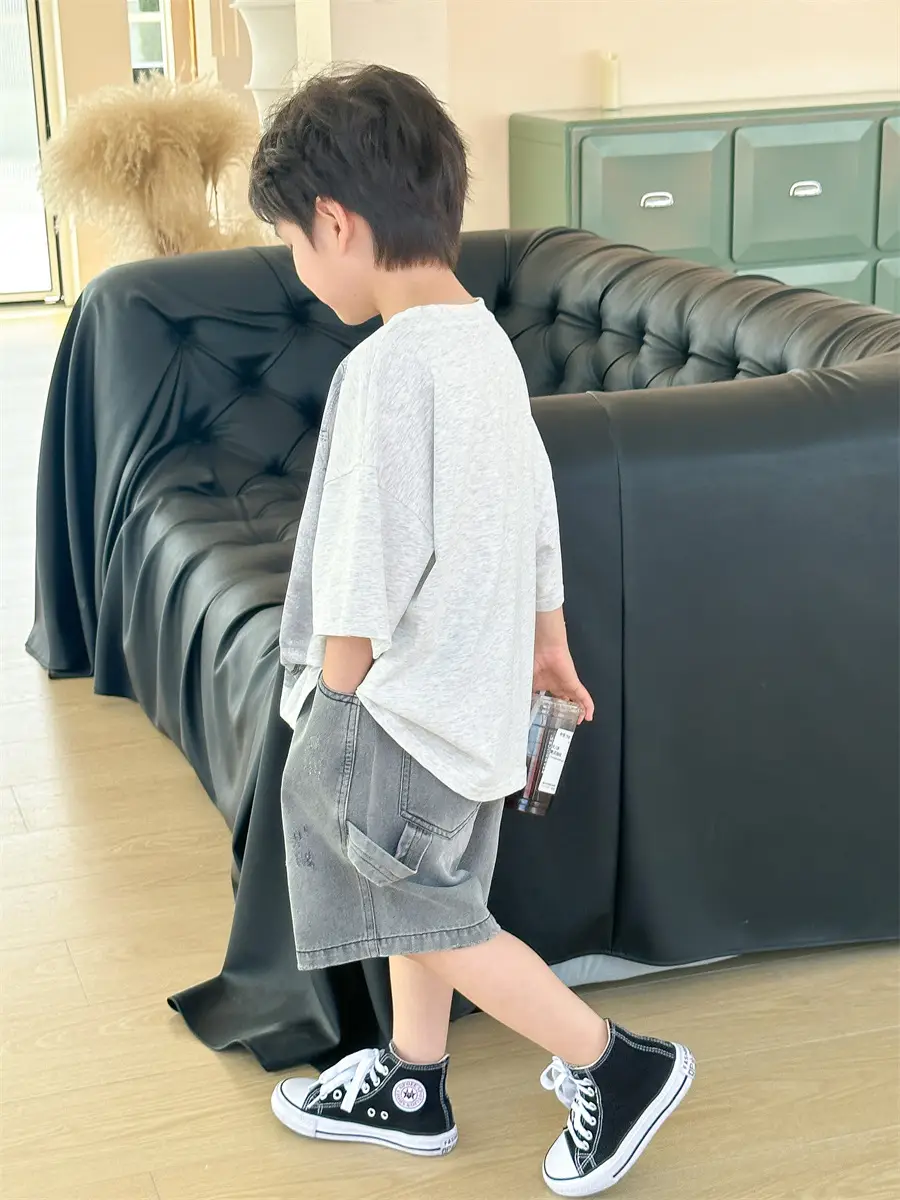 Boys Summer T-Shirt Gray Denim Print Loose Western Style — feature 17