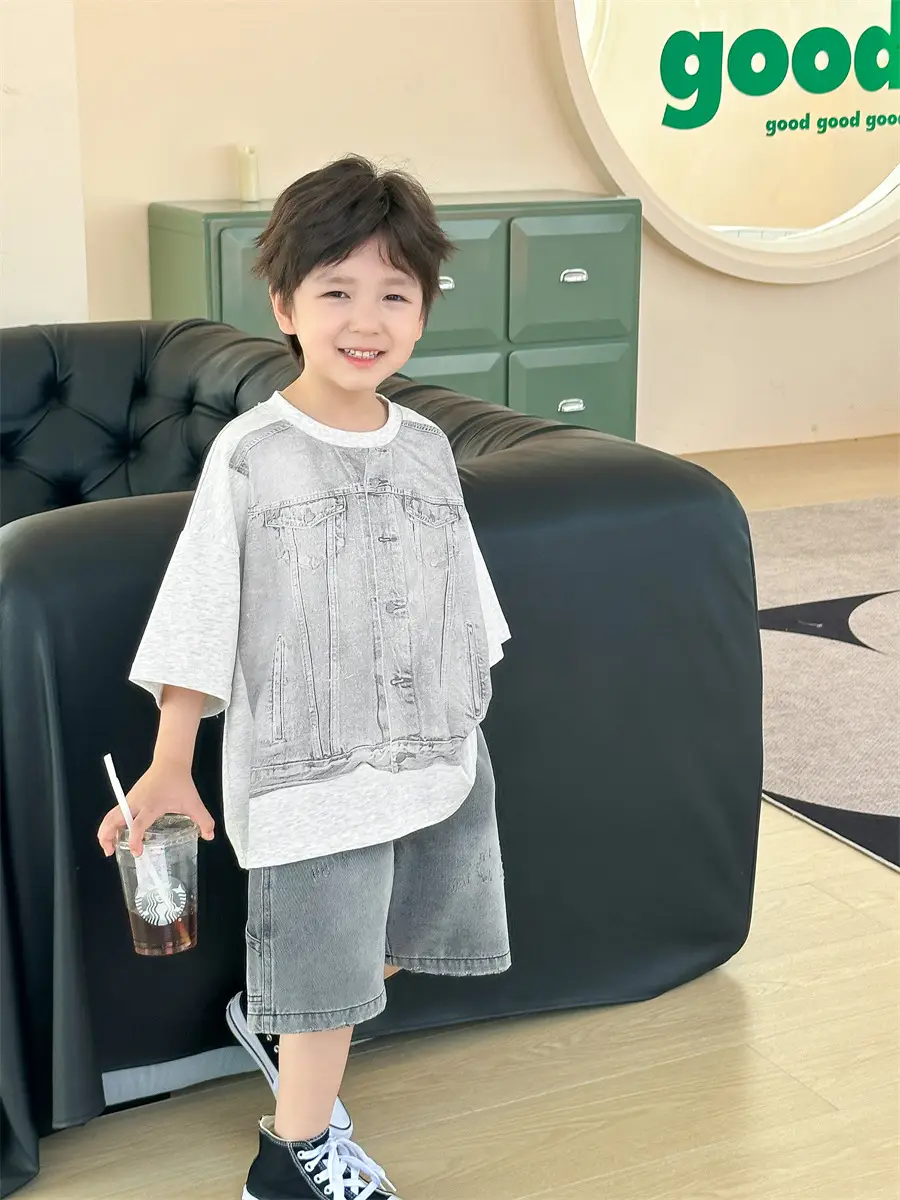 Boys Summer T-Shirt Gray Denim Print Loose Western Style — feature 18