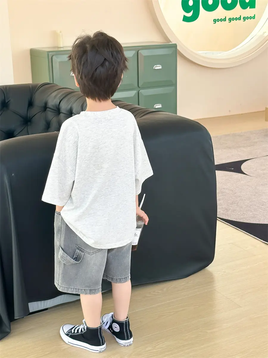 Boys Summer T-Shirt Gray Denim Print Loose Western Style — feature 19