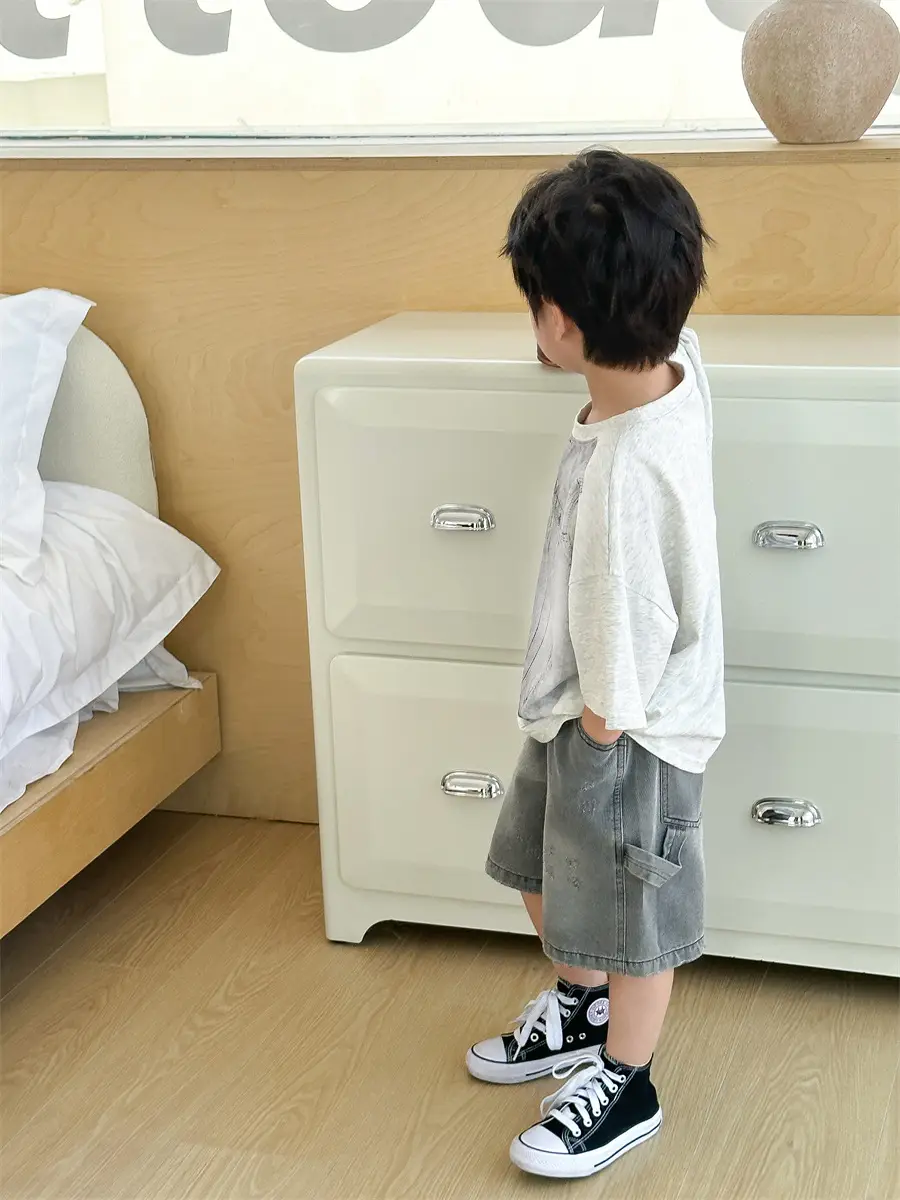 Boys Summer T-Shirt Gray Denim Print Loose Western Style — feature 21