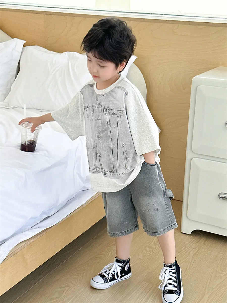 Boys Summer T-Shirt Gray Denim Print Loose Western Style — feature 22