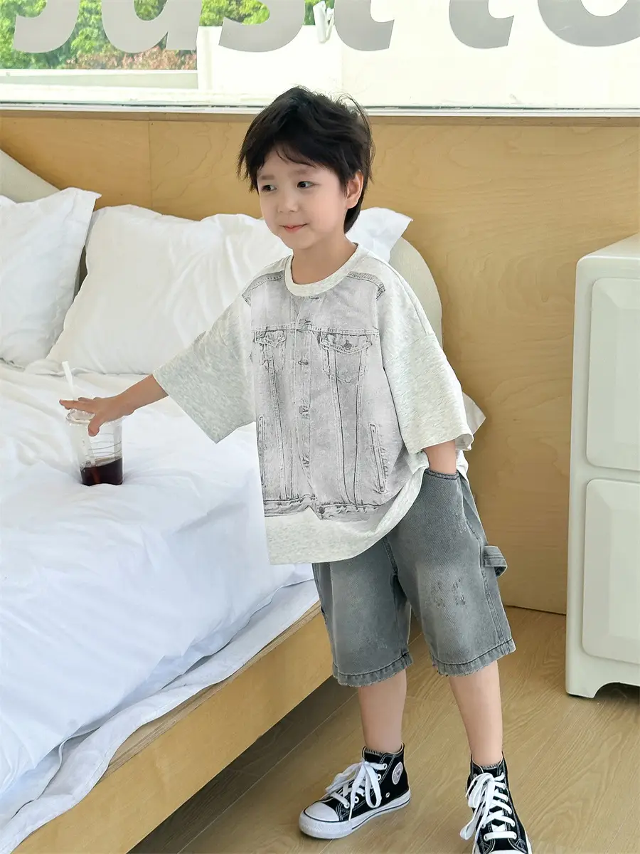 Boys Summer T-Shirt Gray Denim Print Loose Western Style — feature 23