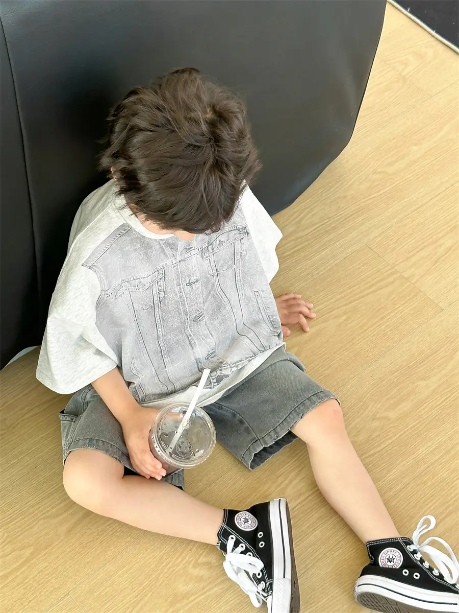 Boys Summer T-Shirt Gray Denim Print Loose Western Style — feature 25