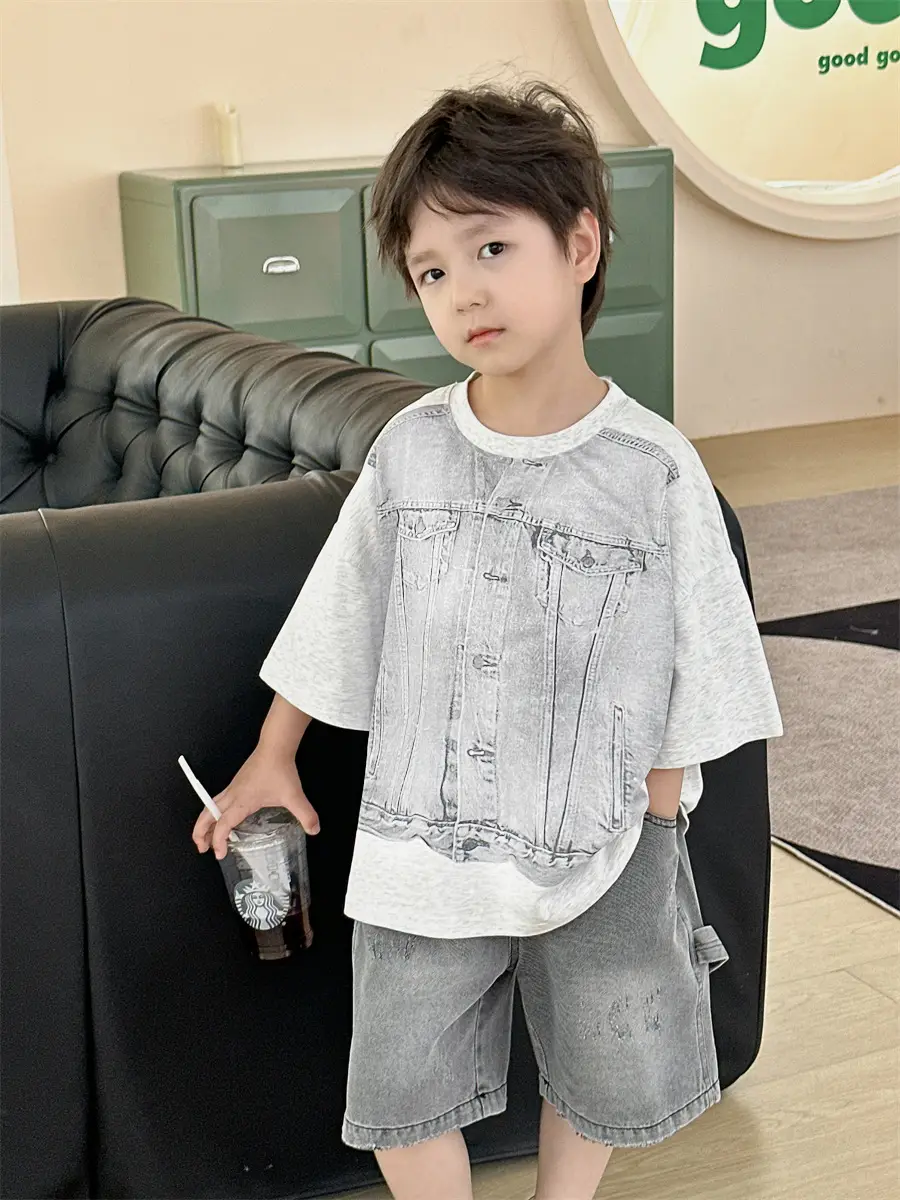 Boys Summer T-Shirt Gray Denim Print Loose Western Style — feature 4