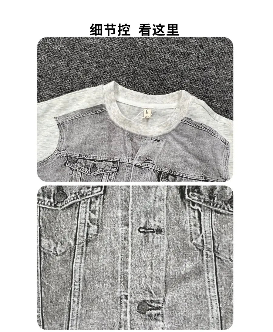 Boys Summer T-Shirt Gray Denim Print Loose Western Style — feature 9