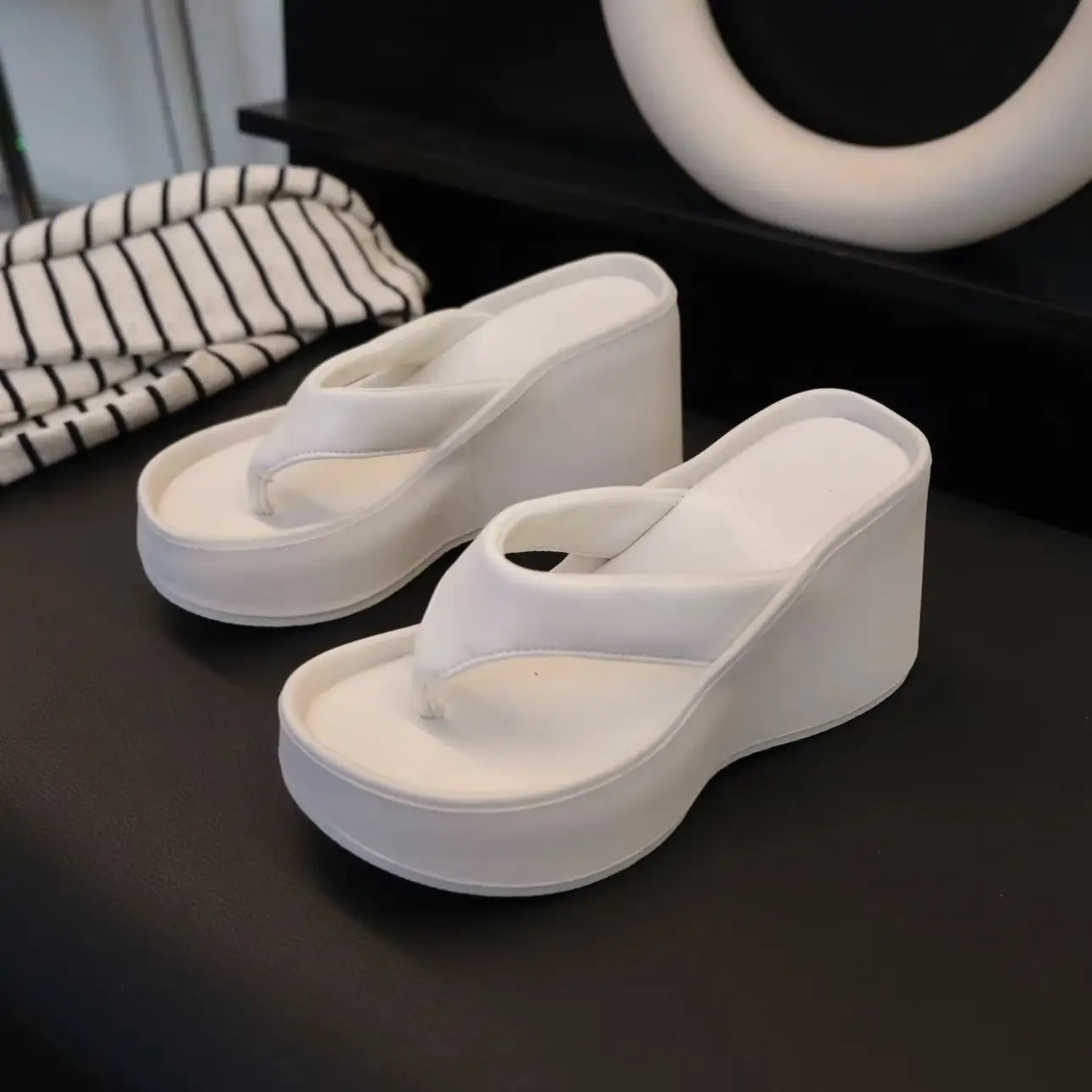 Women's 2024 Clip Sandals White Black Silver Wedge Flip Flops - Image 7
