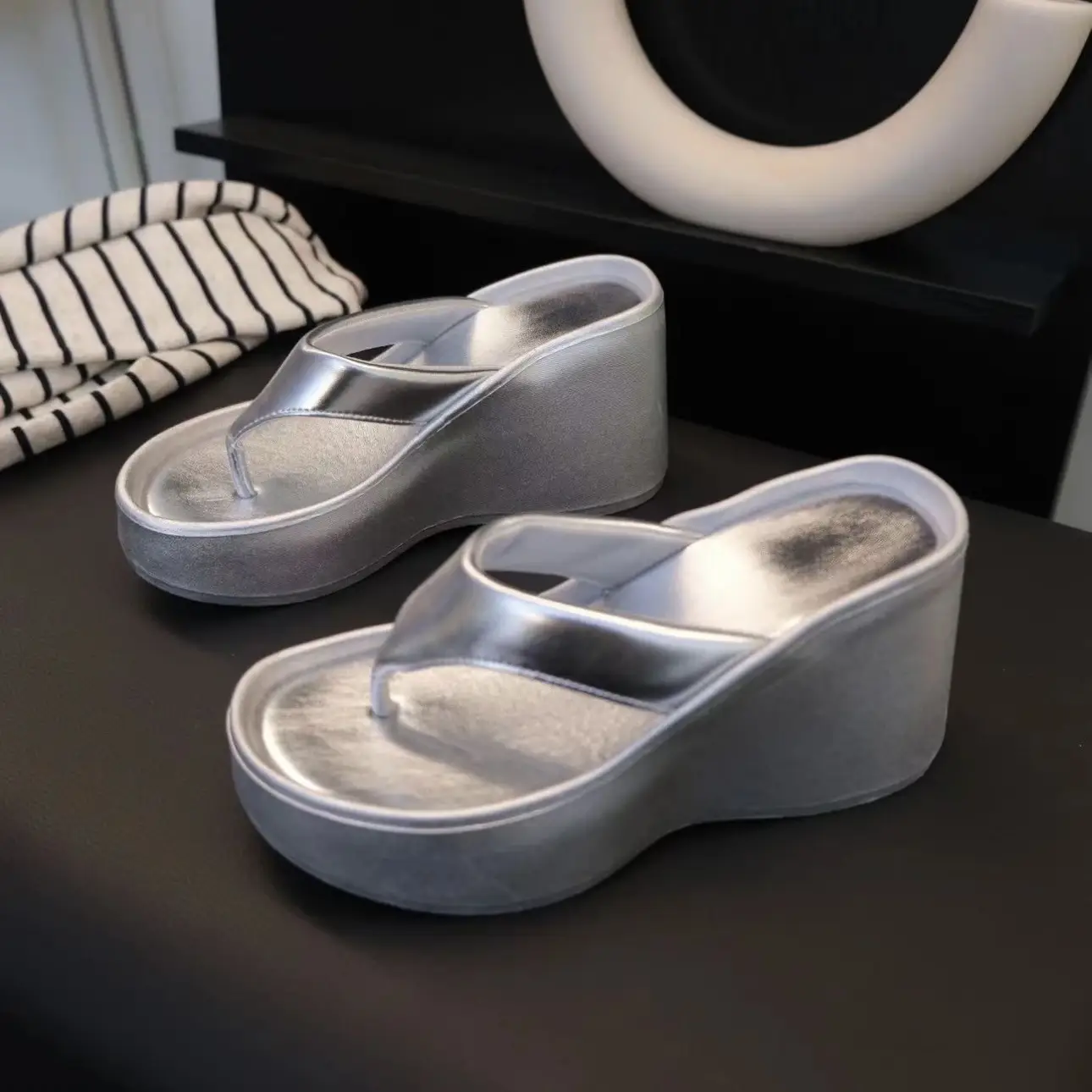 Women's 2024 Clip Sandals White Black Silver Wedge Flip Flops - Image 8