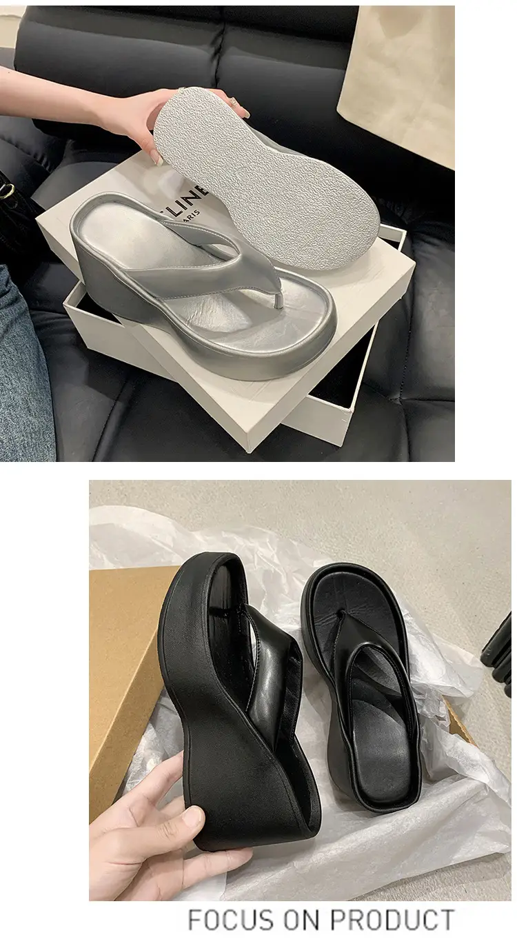 Women's 2024 Clip Sandals White Black Silver Wedge Flip Flops — feature 11