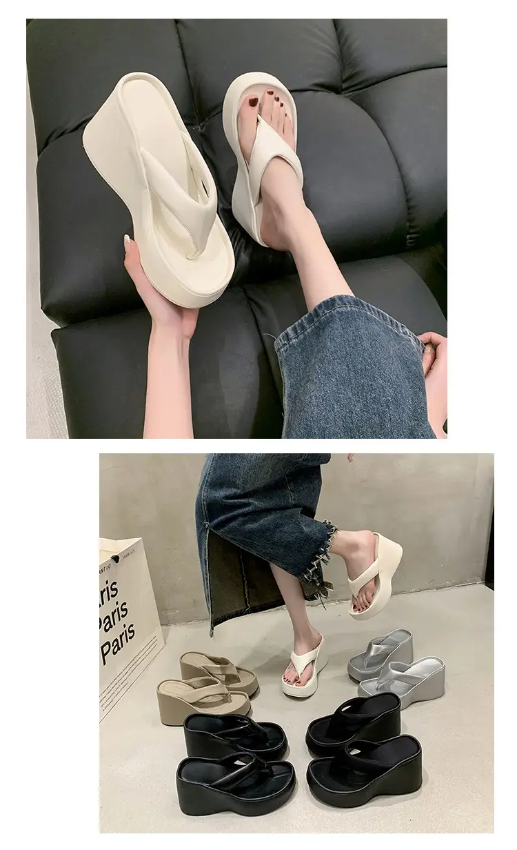 Women's 2024 Clip Sandals White Black Silver Wedge Flip Flops — feature 2