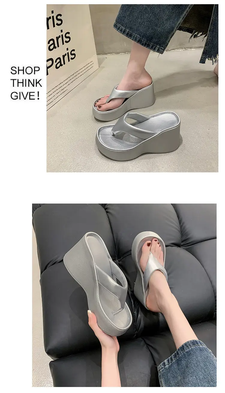 Women's 2024 Clip Sandals White Black Silver Wedge Flip Flops — feature 3