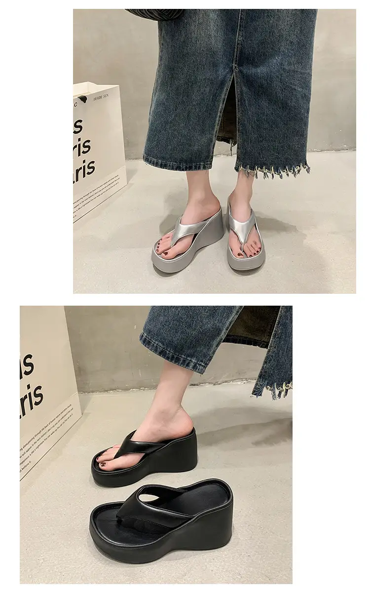 Women's 2024 Clip Sandals White Black Silver Wedge Flip Flops — feature 4