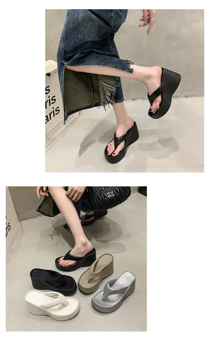 Women's 2024 Clip Sandals White Black Silver Wedge Flip Flops — feature 5