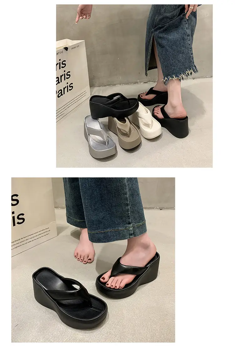 Women's 2024 Clip Sandals White Black Silver Wedge Flip Flops — feature 7