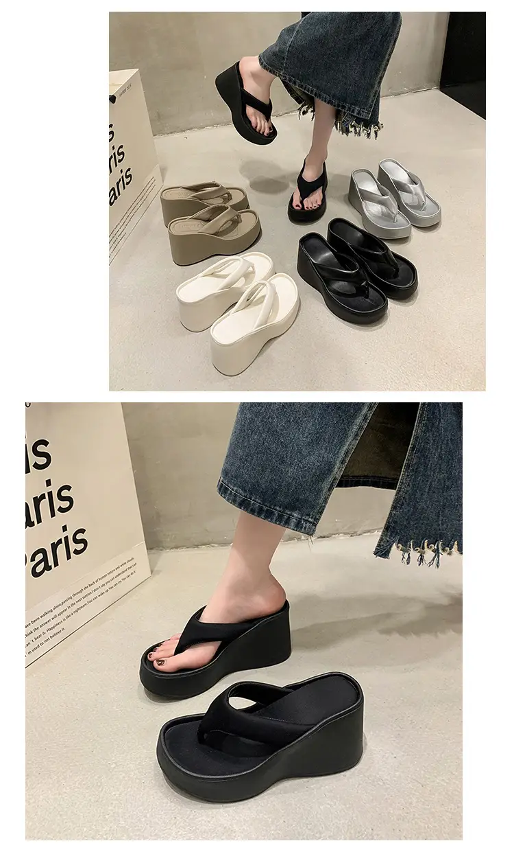 Women's 2024 Clip Sandals White Black Silver Wedge Flip Flops — feature 8