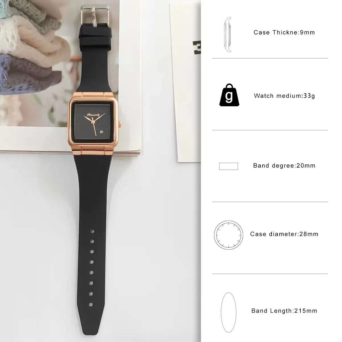 Ladies Silicone Belt Quartz Watch with Rose Gold Case — feature 2