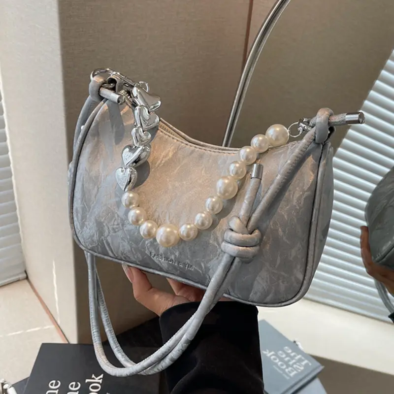 Women's Pearl Beaded Shoulder Bag Grey 2024 - Image 7