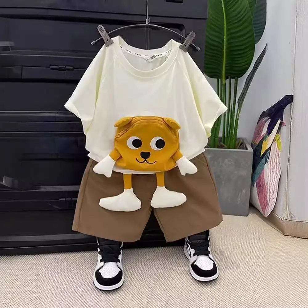 Baby Cartoon T-Shirt Shorts Set White Brown Loose Summer - Image 5